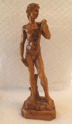 Hand-Carved Olive Wood Statue of Michelangelo's 'David'